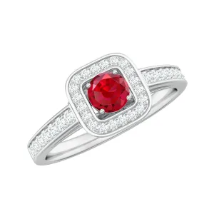 1 CT Vintage Style Created Ruby Halo Engagement Ring with Diamond