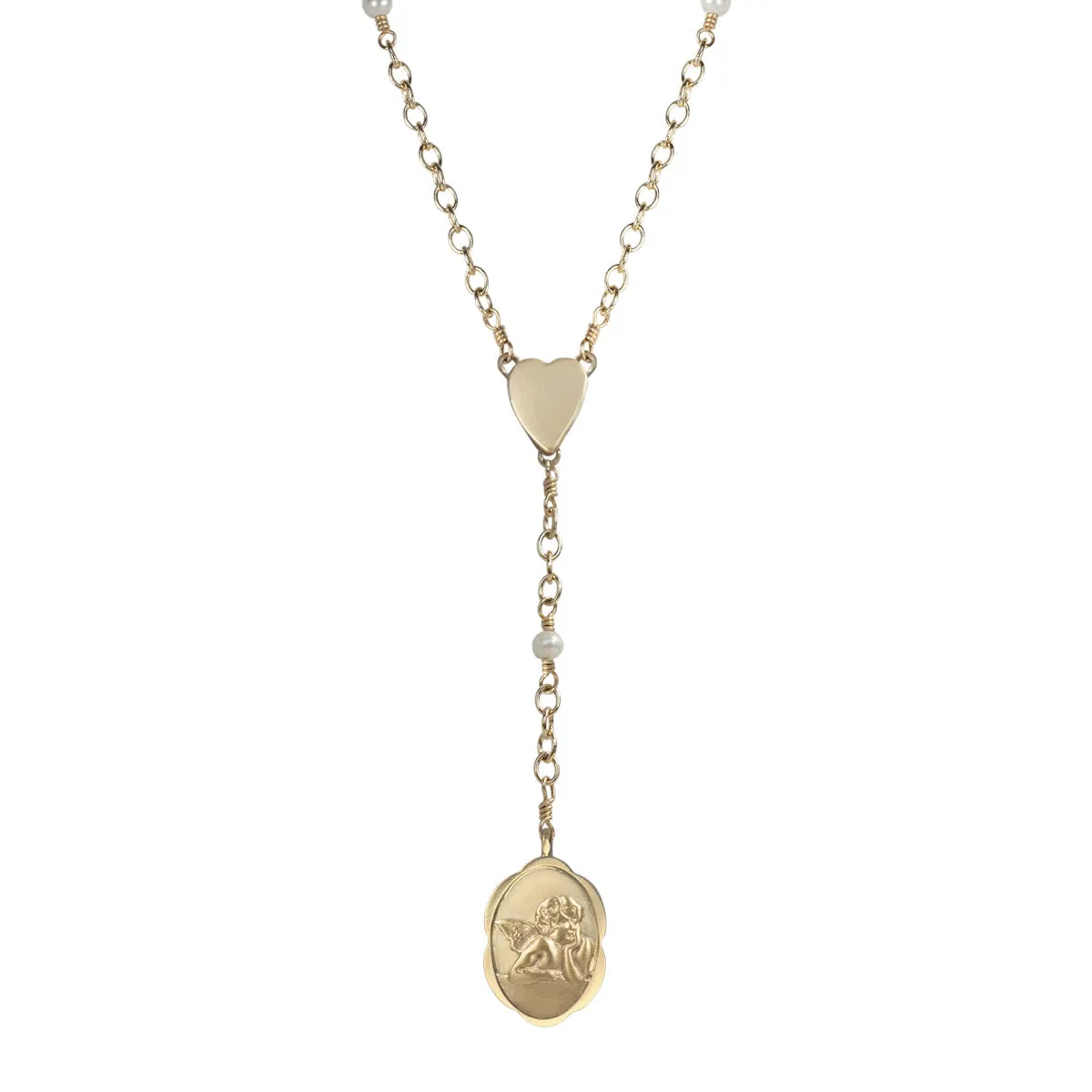 10K Gold Angel Rosary Necklace on Pearl Chain