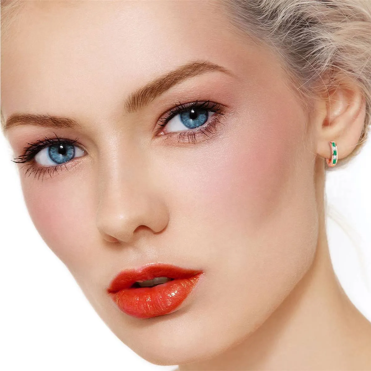 1.26 Carat 14K Solid Rose Gold Emerald White Topaz Hoop Earrings