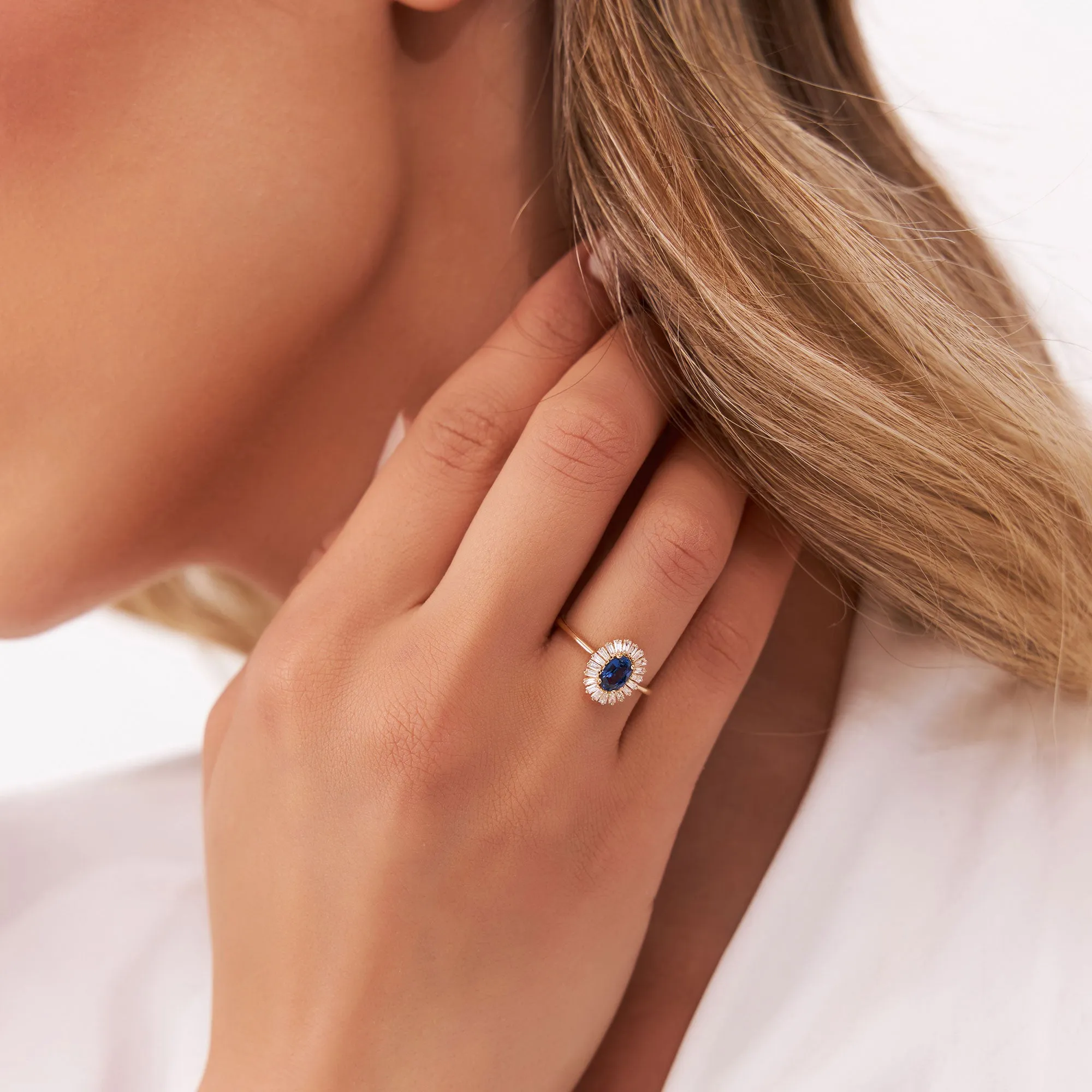 14k Baguette Diamond Ballerina Oval Sapphire Ring