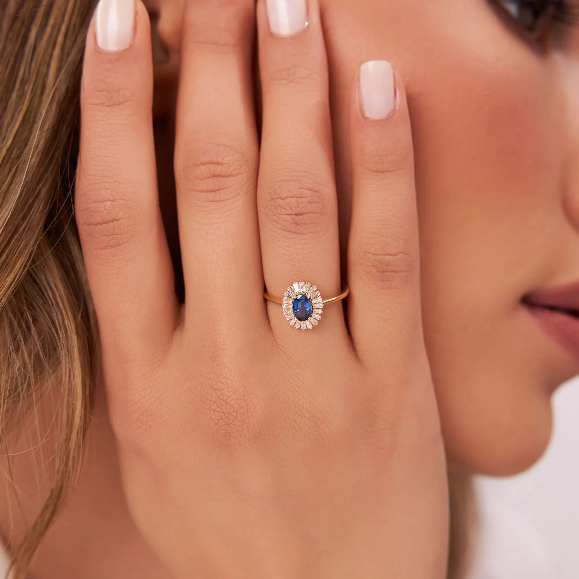 14k Baguette Diamond Ballerina Oval Sapphire Ring