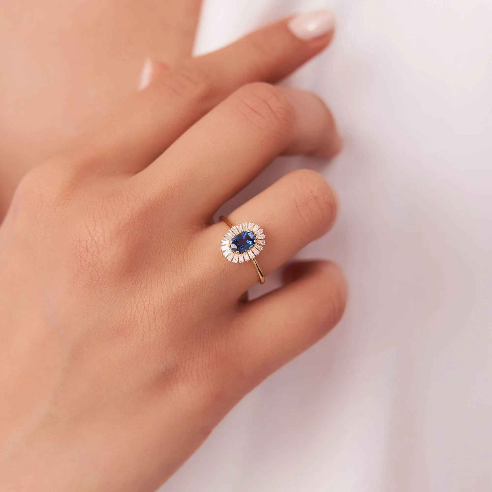14k Baguette Diamond Ballerina Oval Sapphire Ring
