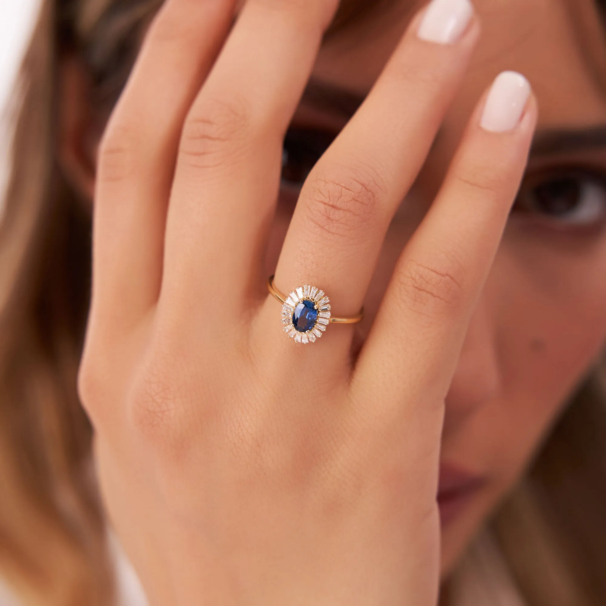 14k Baguette Diamond Ballerina Oval Sapphire Ring