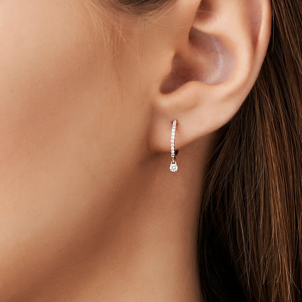14k Diamond Huggies with a Dangling Round Diamond