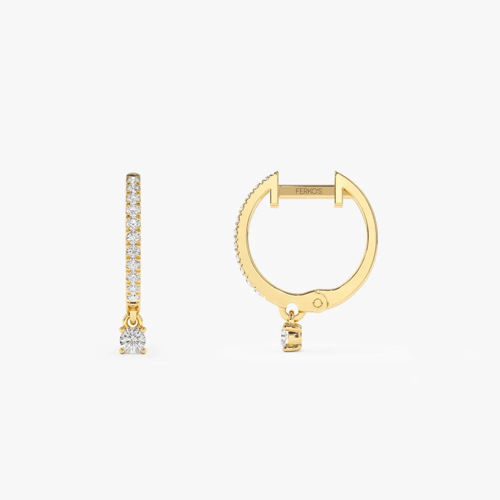 14k Diamond Huggies with a Dangling Round Diamond