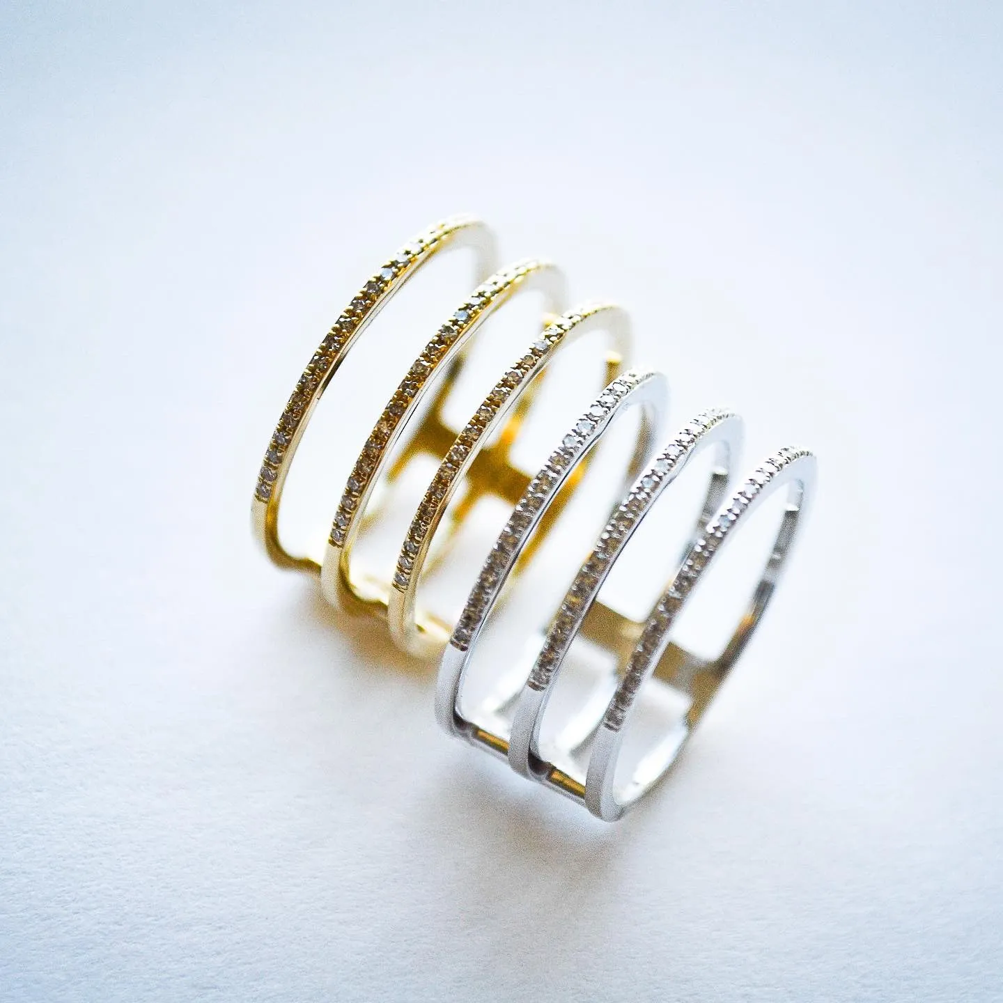 14K Gold Three Bands Diamond Pave Ring