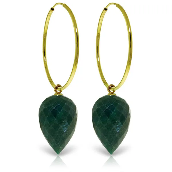 14K Solid Yellow Gold Hoop Earrings w/ Pointy Briolette Emerald Color Corundum