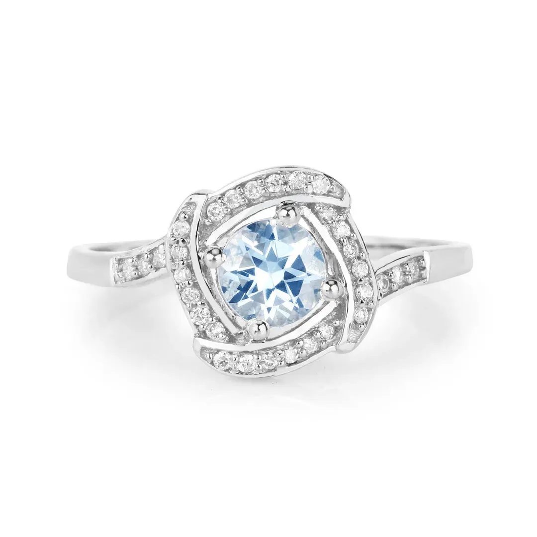 14K White Gold Aquamarine Halo Ring with White Diamonds