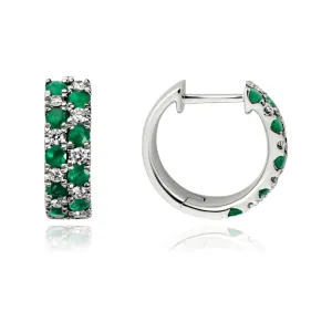 14K WHITE GOLD DIAMOND AND EMERALD DOUBLE ROW HUGGIE HOOP EARRINGS
