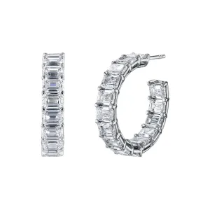 14K White Gold Emerald Cut Diamond Shared Prong Hoop Earrings - 6.44cttw