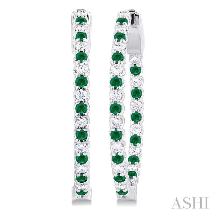 1.6 MM Round Emerald and 1/2 ctw Round Cut Diamond Inside & Outside Alternating Precious Hoop Earrings in 14K White Gold