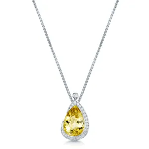 18ct White Gold Pear Cut Citrine And Diamond Halo Pendant