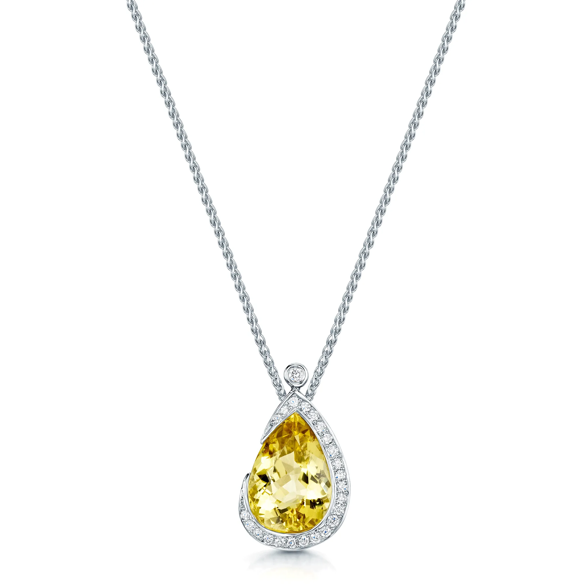 18ct White Gold Pear Cut Citrine And Diamond Halo Pendant