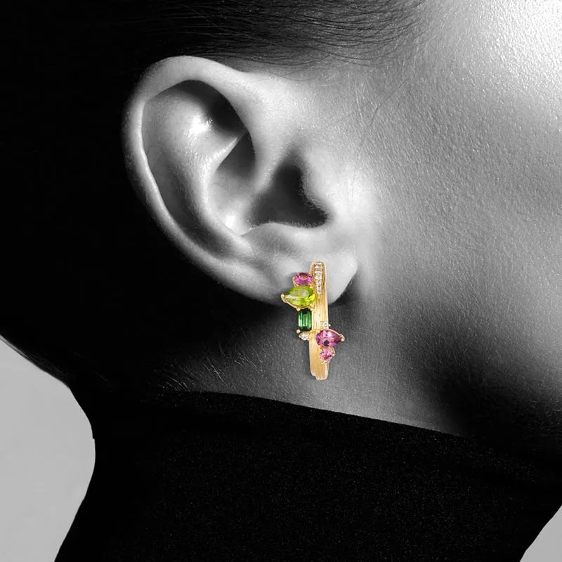 18k Amazonia (buriti) Yellow Gold Earring With 0.33 Cts Vs-Gh Diamonds  And Tourmaline And Peridot And Garnet