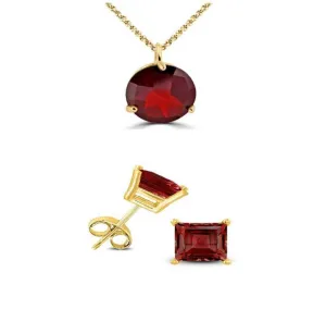 18K Yellow Gold 1/2ct Garnet Round 18 Inch Necklace and Square Earrings Set Plated