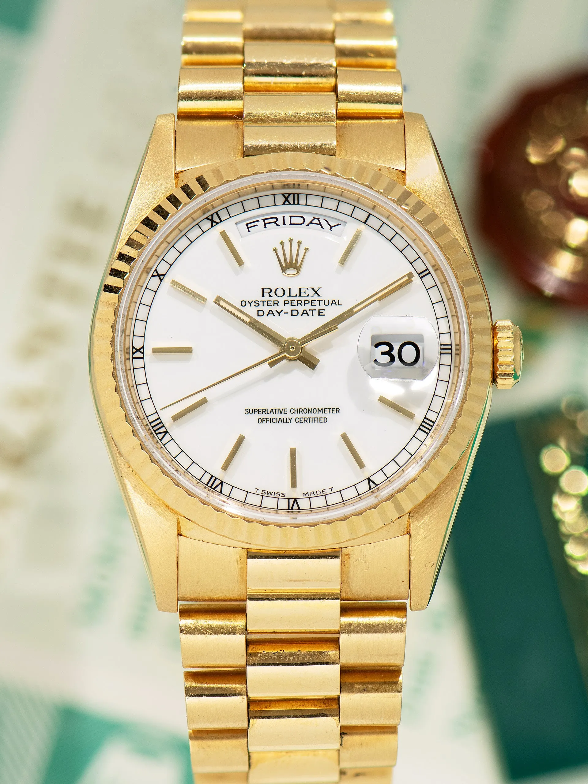 1995 Rolex Day-Date 18K YG (Ref. 18238) White Dial W/ Box & Papers
