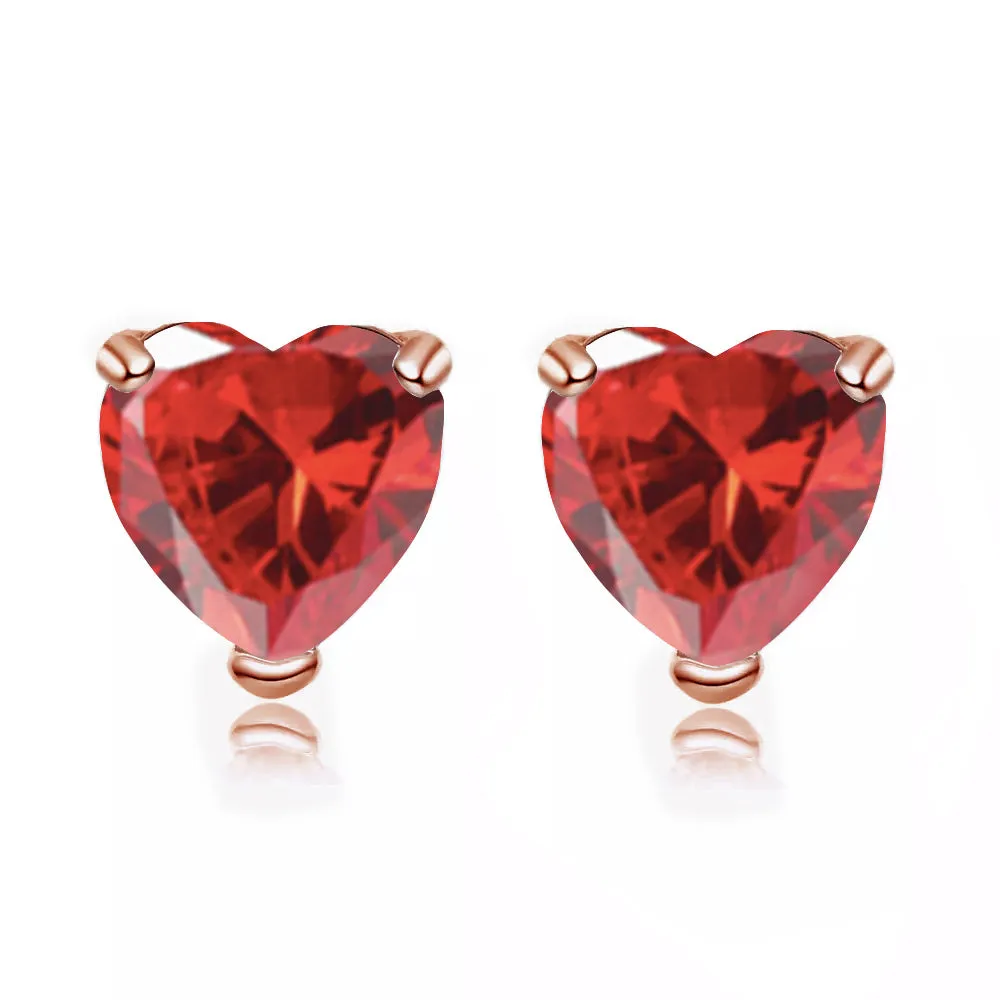 24k Rose Gold Plated 1 Carat Heart Created Ruby Stud Earrings