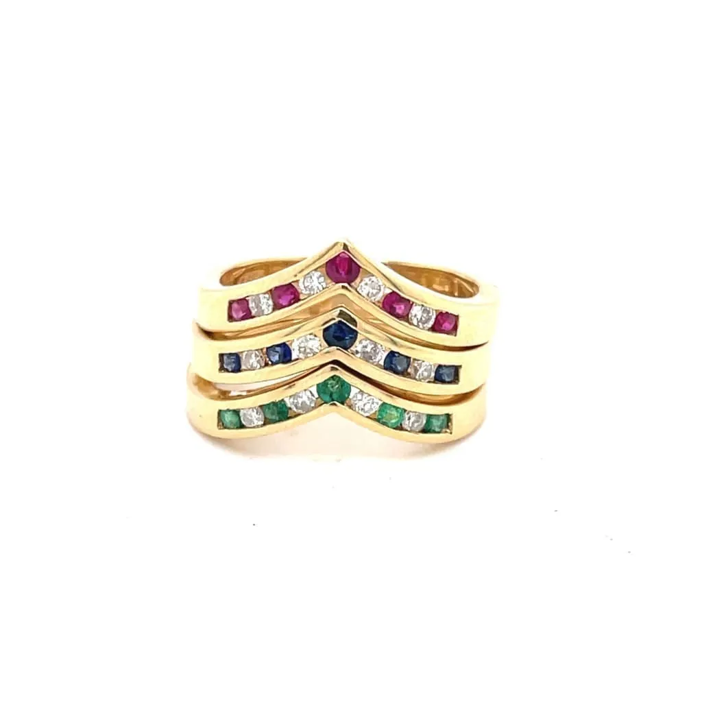 3 Stackable V Shape Rings with Diamonds, Rubies, Emeralds and Sapphires at Regard Jewelry in Austin,