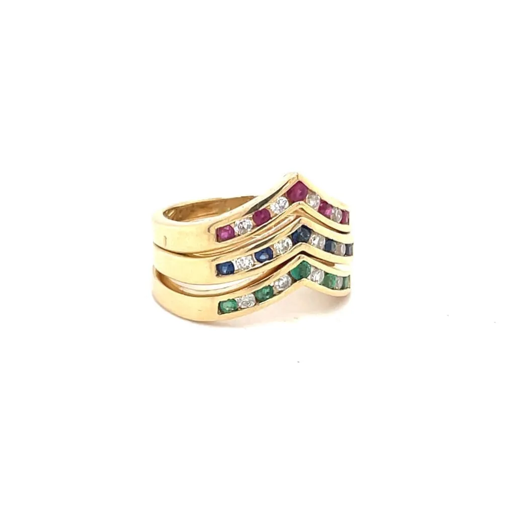 3 Stackable V Shape Rings with Diamonds, Rubies, Emeralds and Sapphires at Regard Jewelry in Austin,