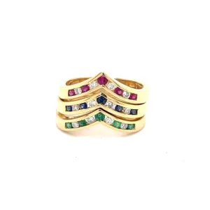3 Stackable V Shape Rings with Diamonds, Rubies, Emeralds and Sapphires at Regard Jewelry in Austin,