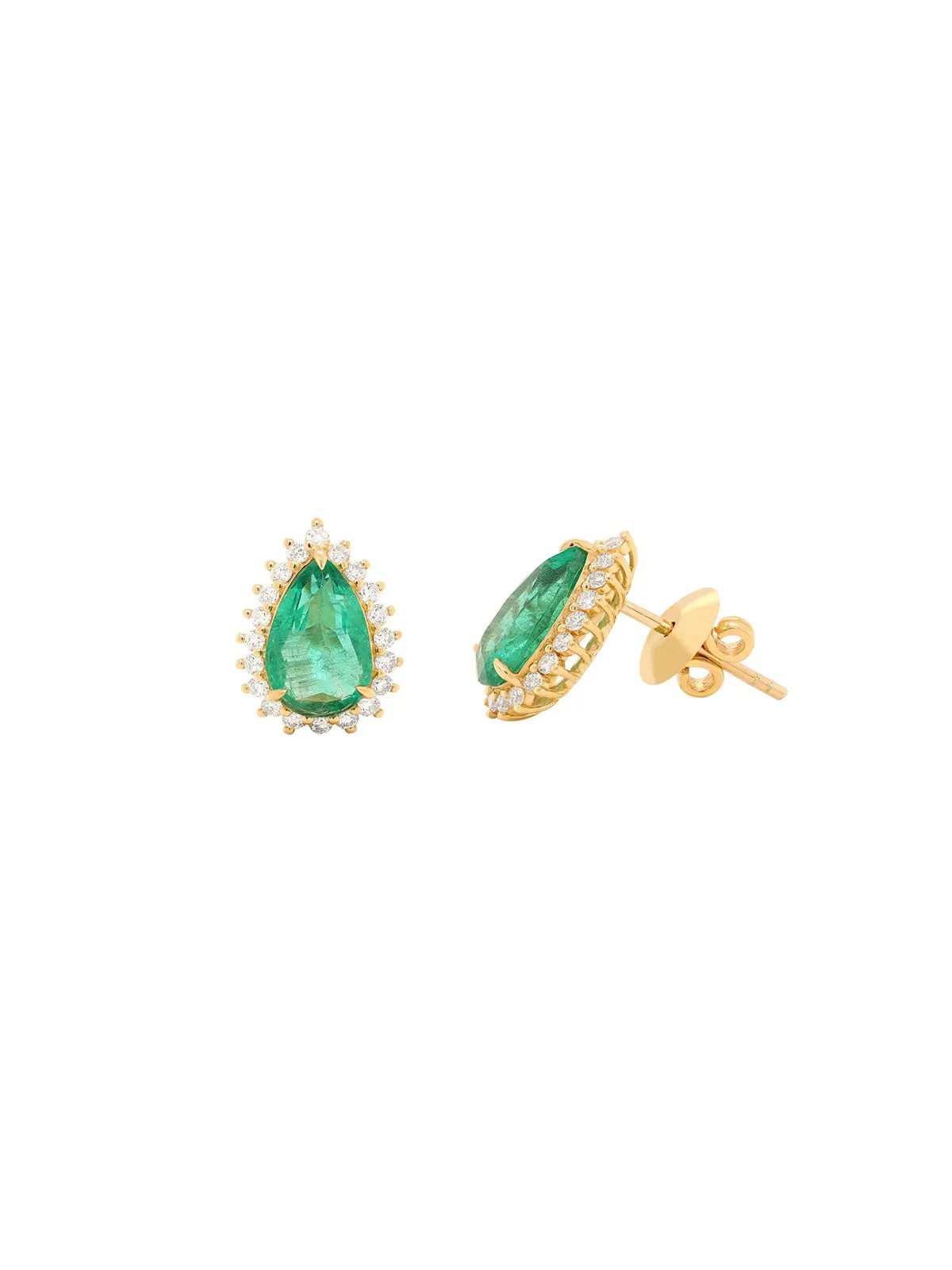 3.26ct Emerald Diamond 18K Gold Pear Halo Earrings