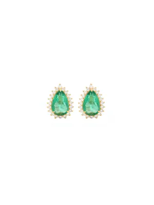 3.26ct Emerald Diamond 18K Gold Pear Halo Earrings