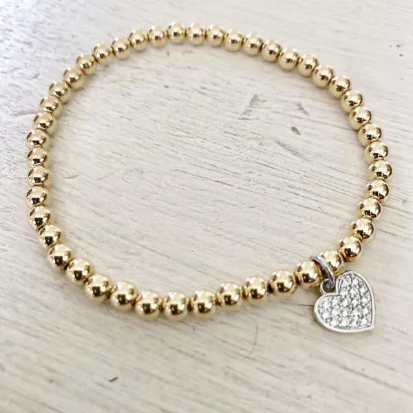 4mm Bead Stretch Bracelet with Sterling Silver/Cubic Zirconia Heart Charm