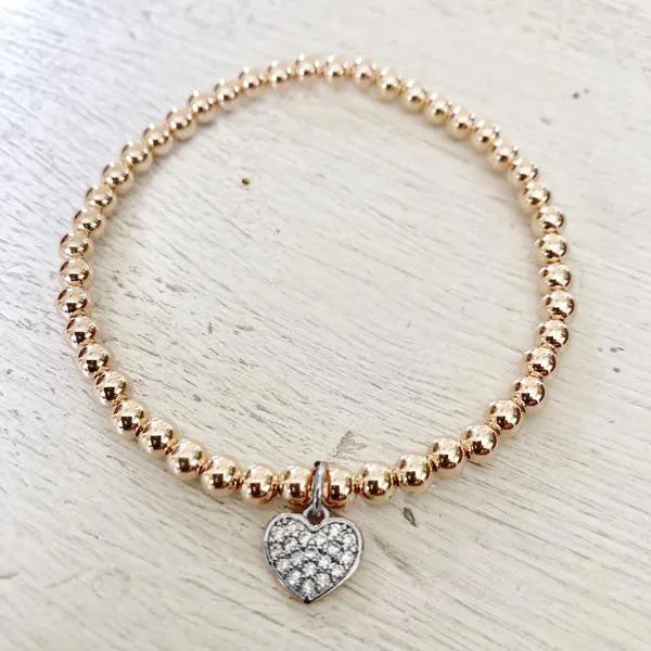 4mm Bead Stretch Bracelet with Sterling Silver/Cubic Zirconia Heart Charm