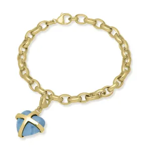 9ct Yellow Gold Aquamarine Medium Cross Heart Charm Bracelet