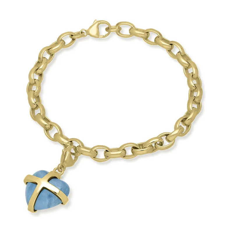 9ct Yellow Gold Aquamarine Medium Cross Heart Charm Bracelet