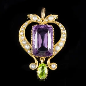 Antique Edwardian Suffragette 7Ct Amethyst Pendant 15Ct Gold Circa 1910