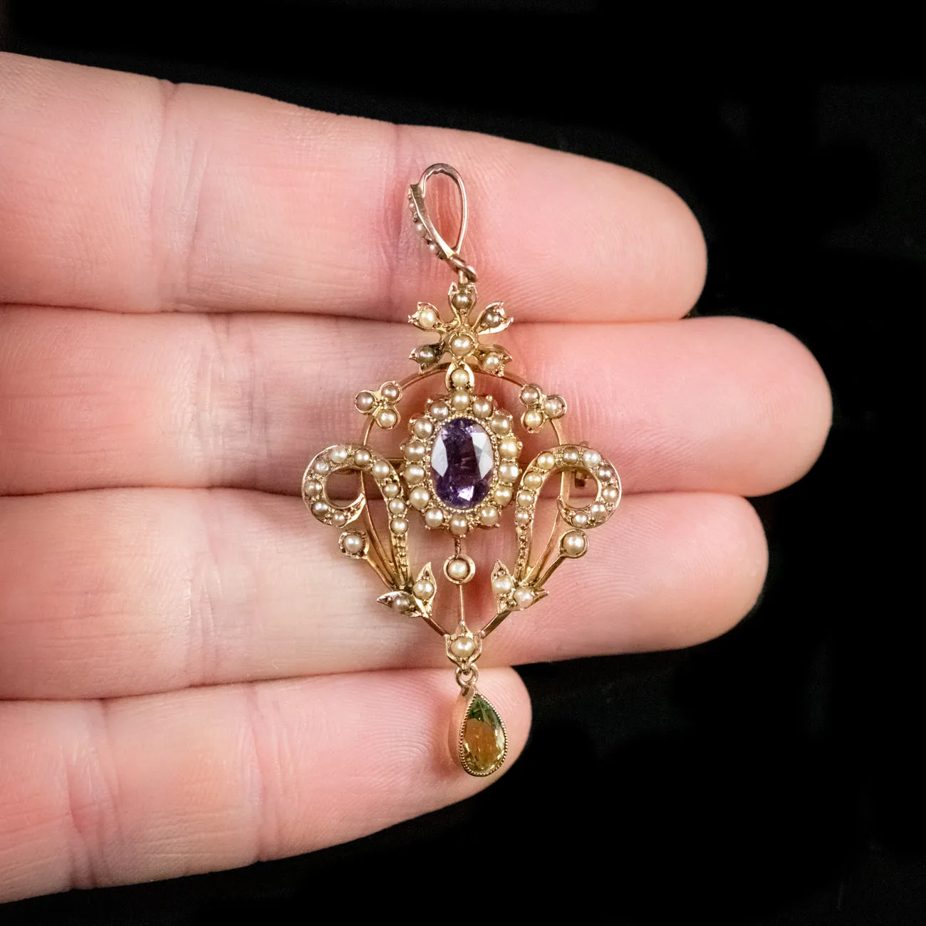 Antique Edwardian Suffragette Pendant 9Ct Gold Amethyst Peridot Pearl Circa 1910