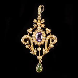Antique Edwardian Suffragette Pendant 9Ct Gold Amethyst Peridot Pearl Circa 1910
