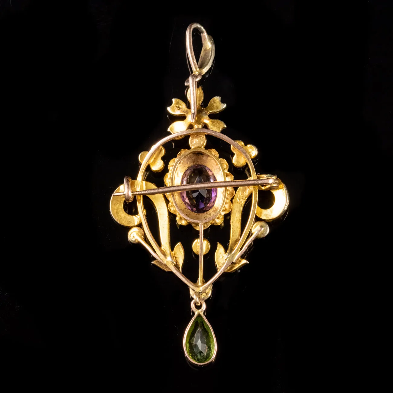 Antique Edwardian Suffragette Pendant 9Ct Gold Amethyst Peridot Pearl Circa 1910