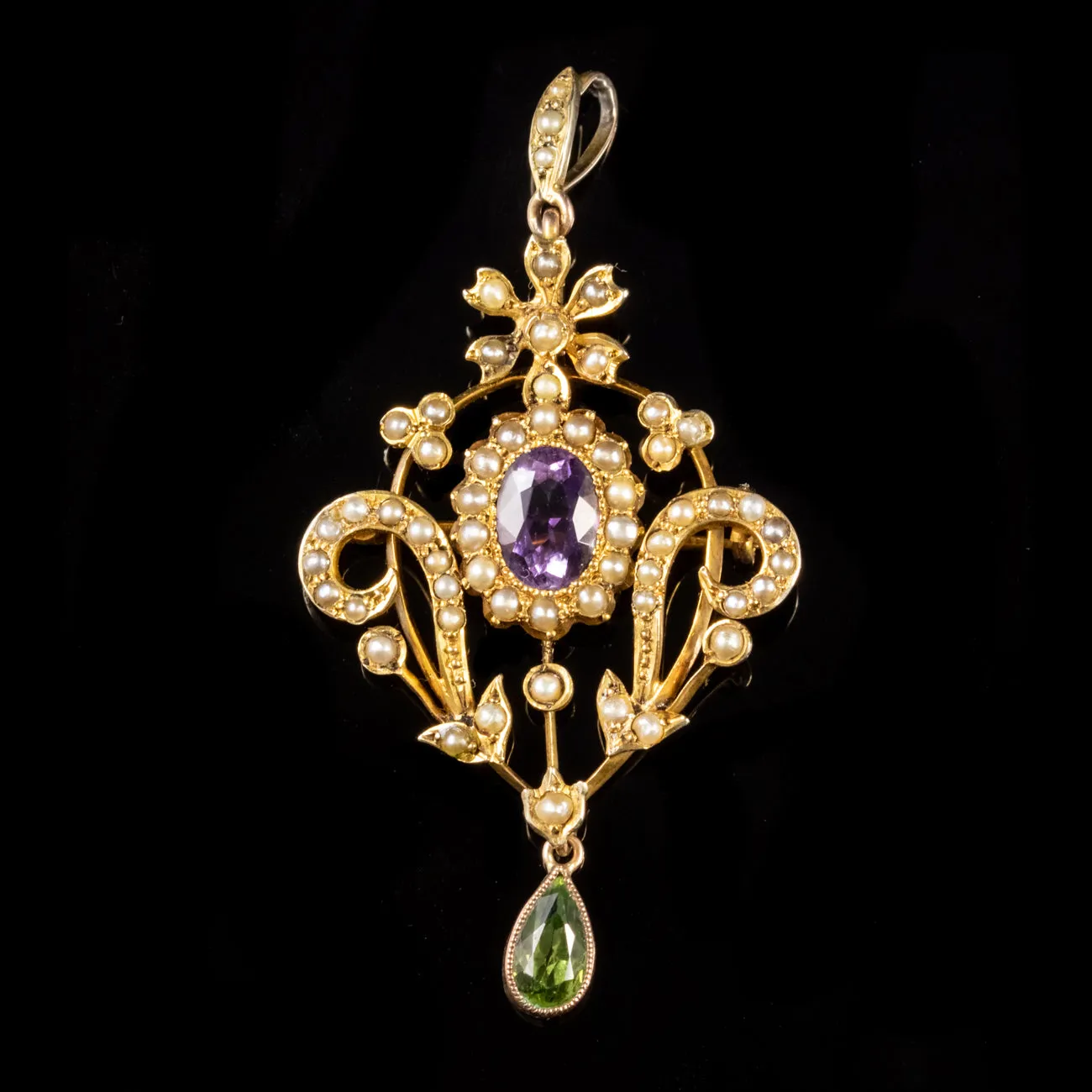 Antique Edwardian Suffragette Pendant 9Ct Gold Amethyst Peridot Pearl Circa 1910