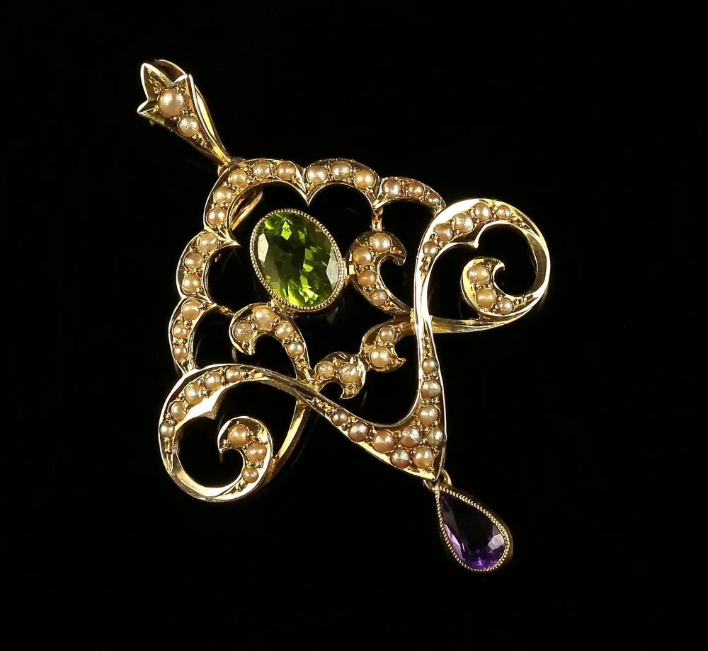 Antique Edwardian Suffragette Pendant Circa 1910 Amethyst Peridot Pearls