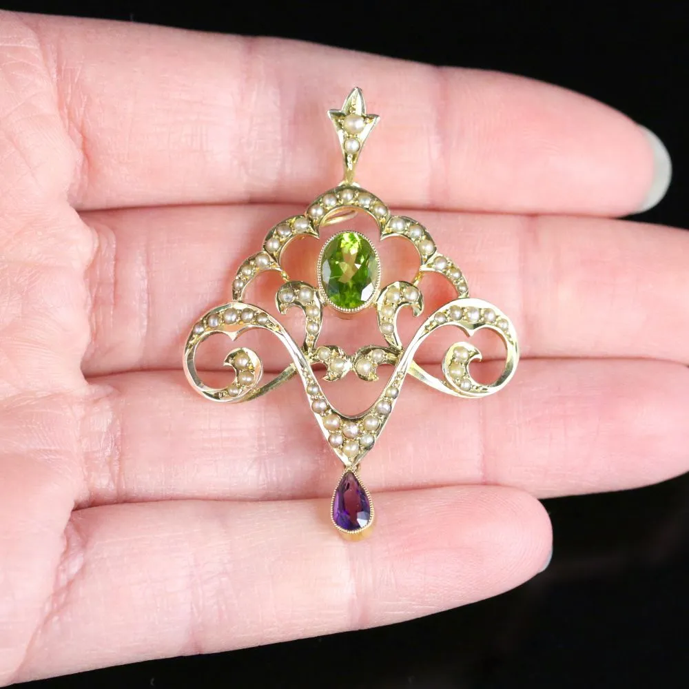 Antique Edwardian Suffragette Pendant Circa 1910 Amethyst Peridot Pearls