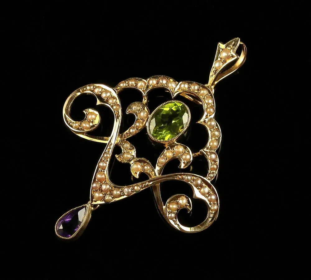Antique Edwardian Suffragette Pendant Circa 1910 Amethyst Peridot Pearls