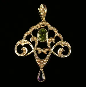 Antique Edwardian Suffragette Pendant Circa 1910 Amethyst Peridot Pearls