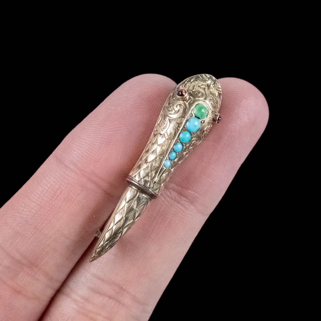 Antique Georgian Turquoise Snake Brooch Garnet Eyes 18ct Gold