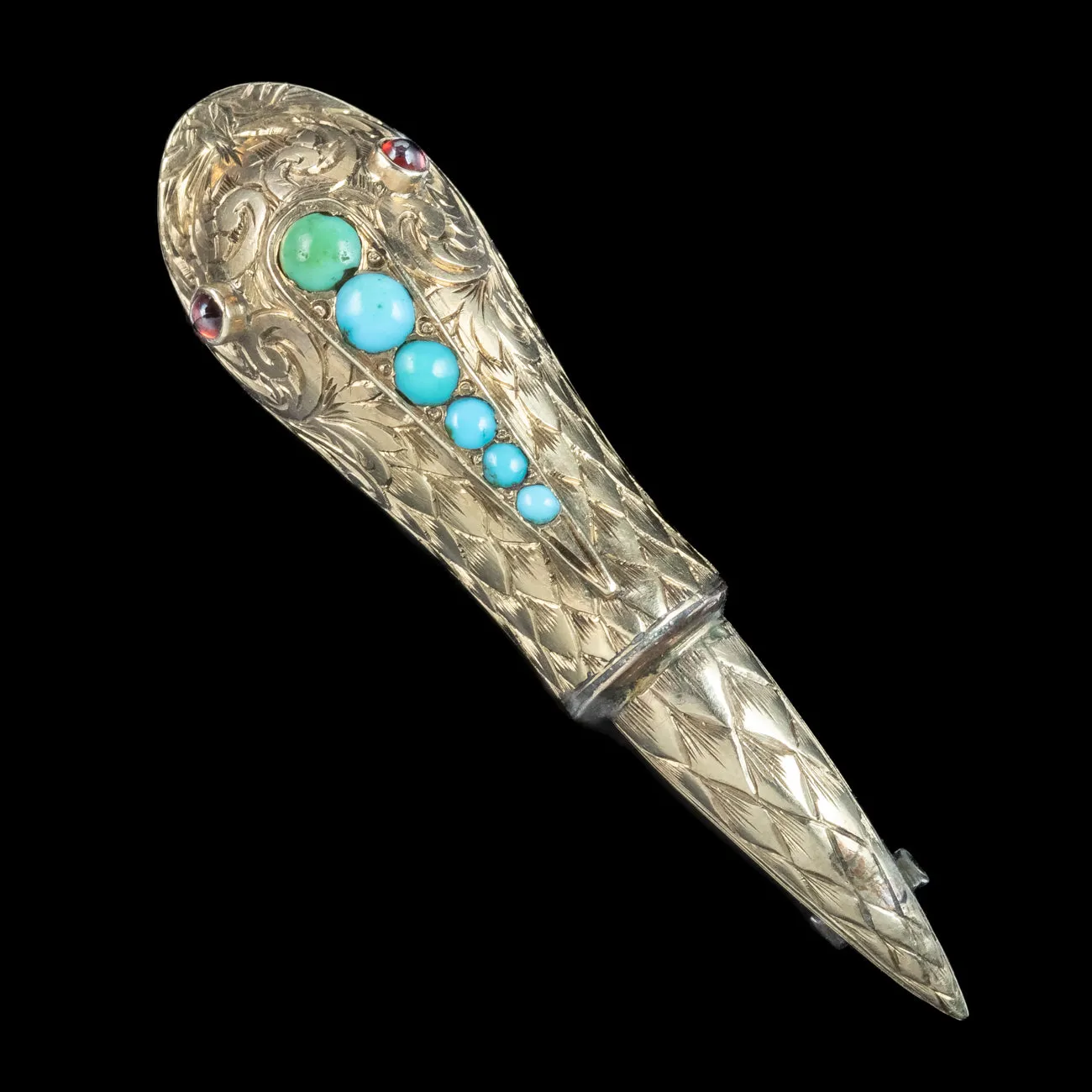 Antique Georgian Turquoise Snake Brooch Garnet Eyes 18ct Gold