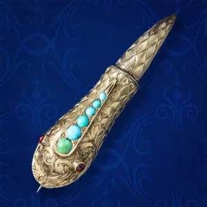 Antique Georgian Turquoise Snake Brooch Garnet Eyes 18ct Gold