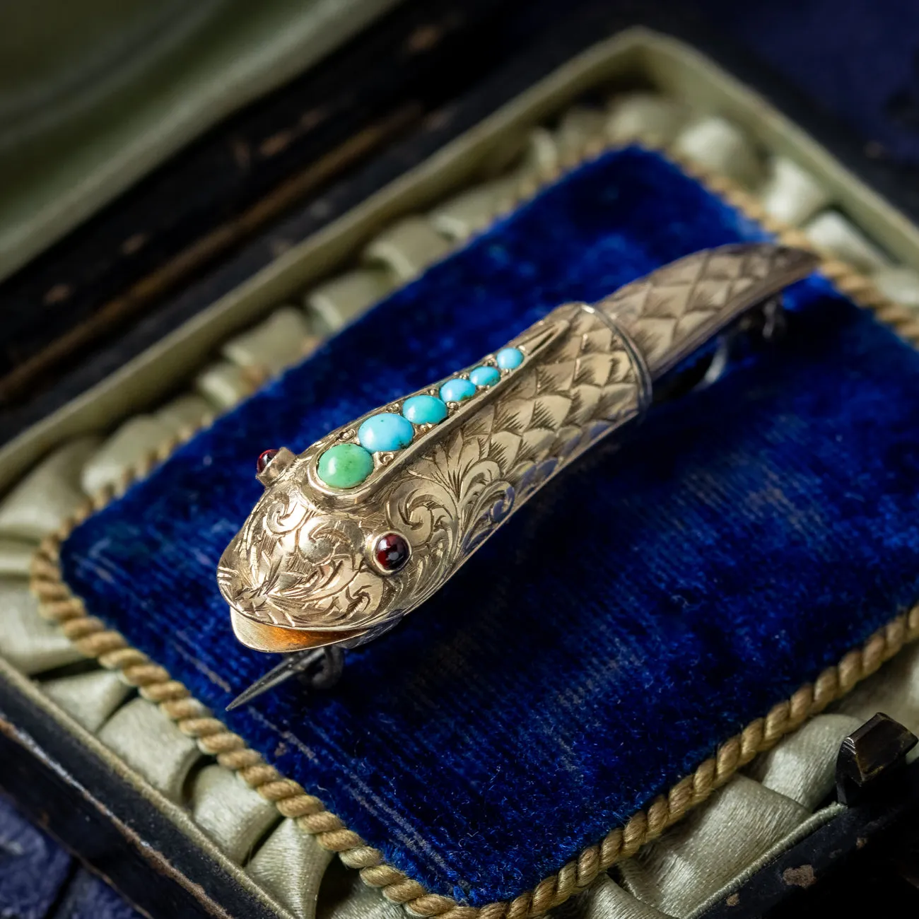 Antique Georgian Turquoise Snake Brooch Garnet Eyes 18ct Gold