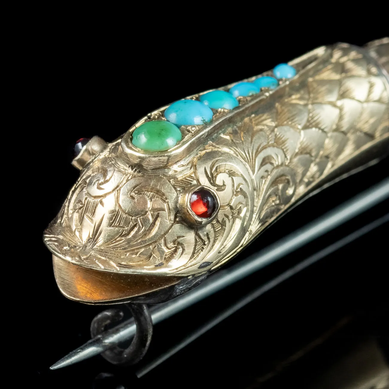 Antique Georgian Turquoise Snake Brooch Garnet Eyes 18ct Gold