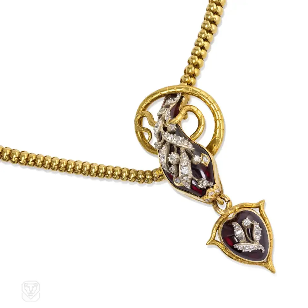 Antique gold, garnet and diamond serpent motif necklace