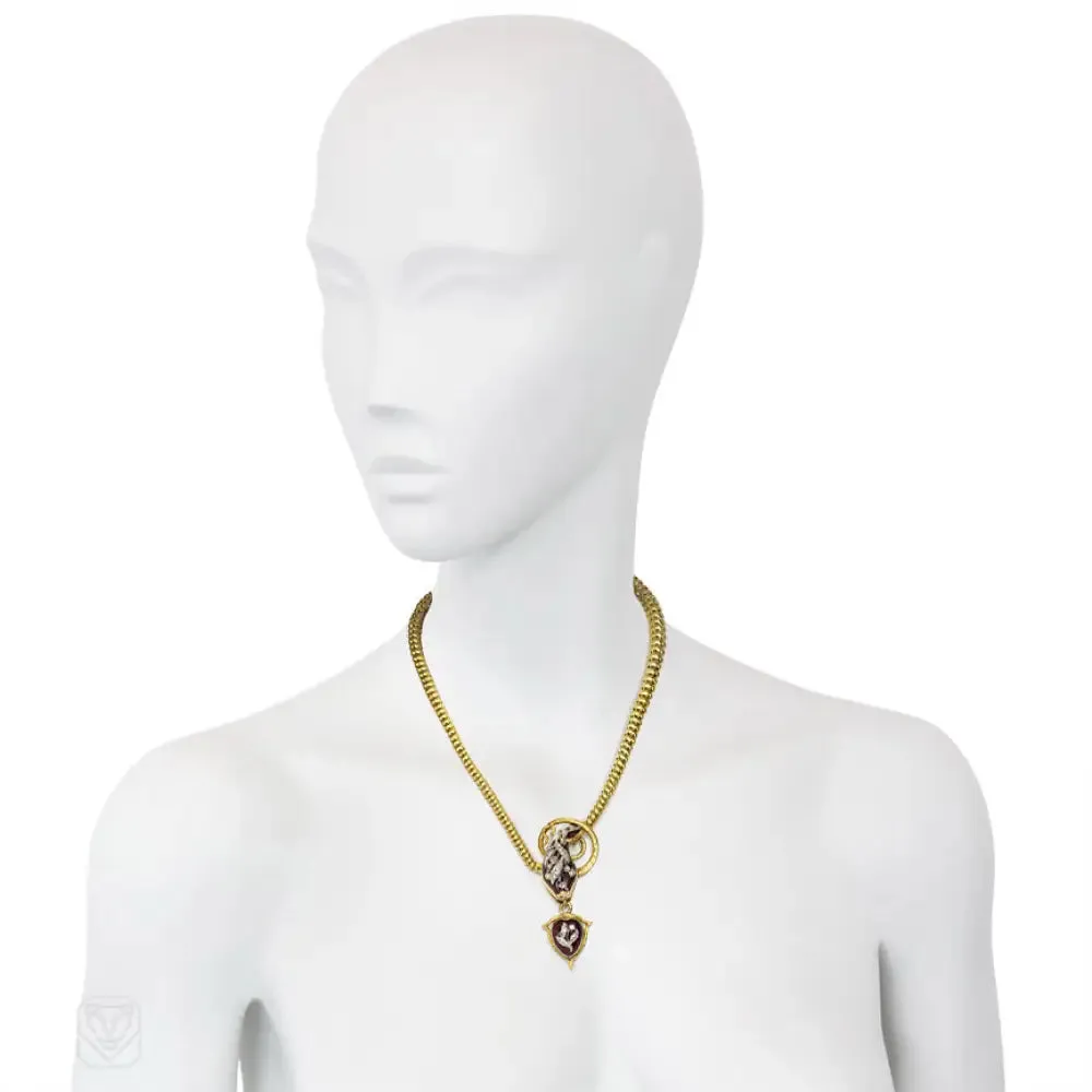 Antique gold, garnet and diamond serpent motif necklace