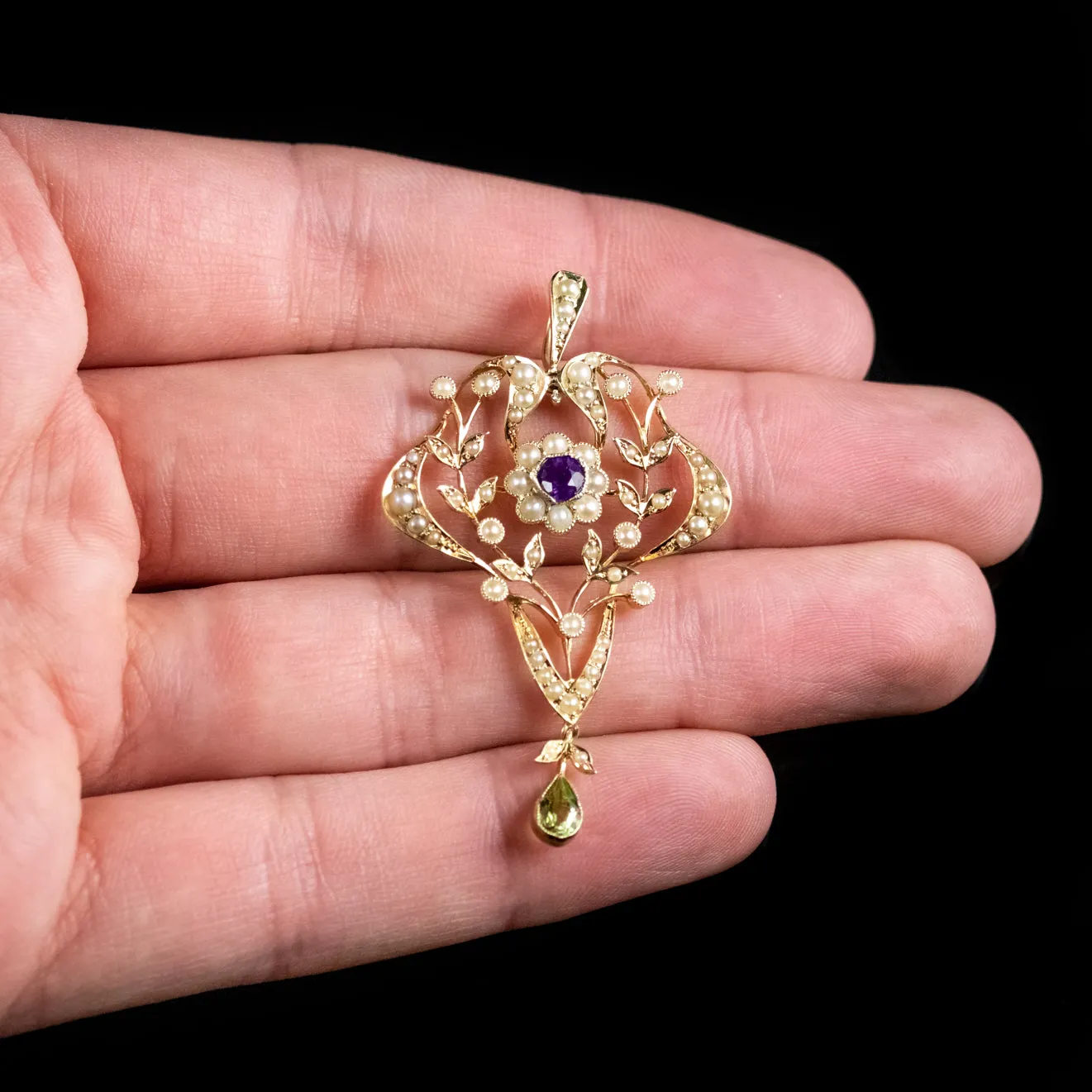 Antique Suffragette 15Ct Gold Floral Pendant Edwardian Circa 1910
