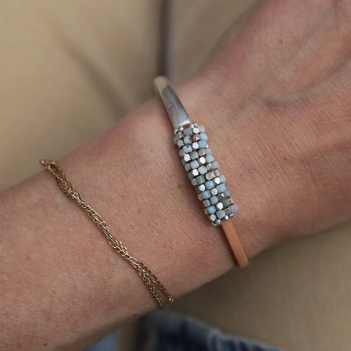 Aquamarine On Natural Leather and Half Silver Cuff Bracelet
