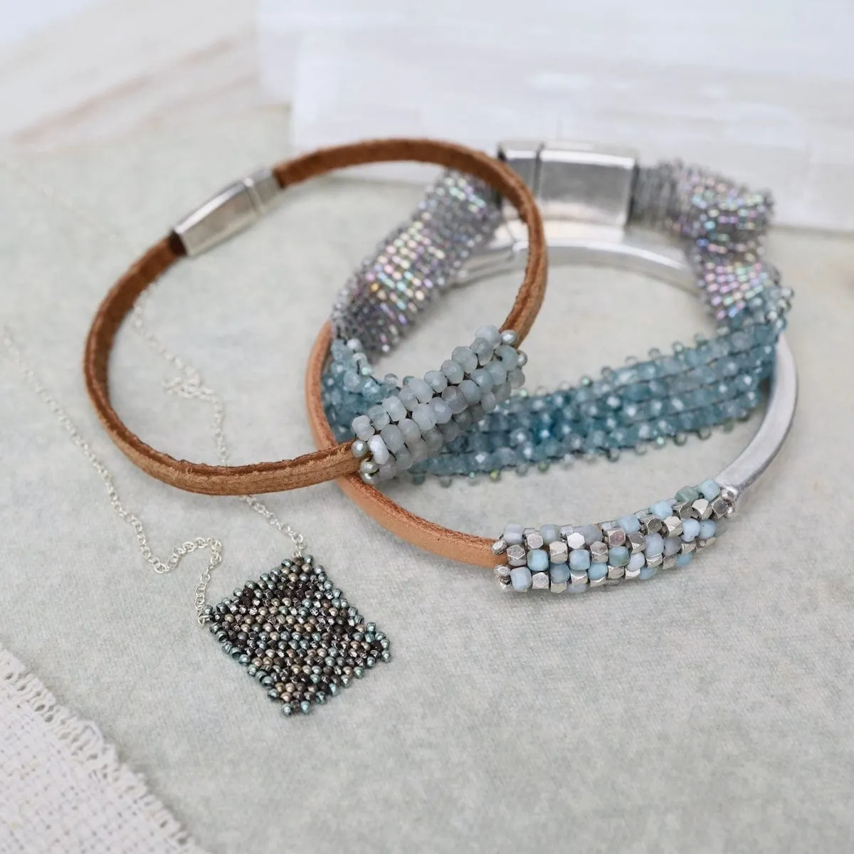 Aquamarine On Natural Leather and Half Silver Cuff Bracelet