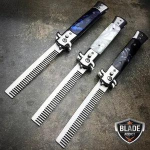 Auto Push Button Folding Comb Switchblade Knife Looking Brush Pearl